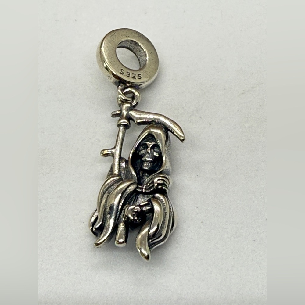 Sterling Silver Grim Reaper Dangle Charm – Hooded Skeleton with Scythe